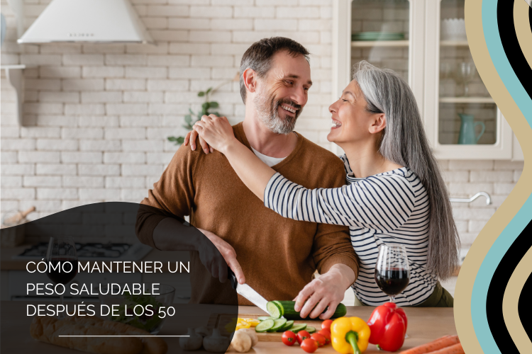 hombre y mujer maduros cocinando saludable feliz peso saludable para mayores de 50